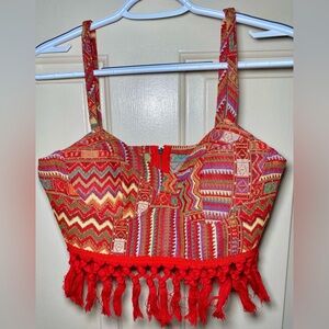 Cider Women‎ Red Bohemian Halter Top Indian Weave Fringe Retro M